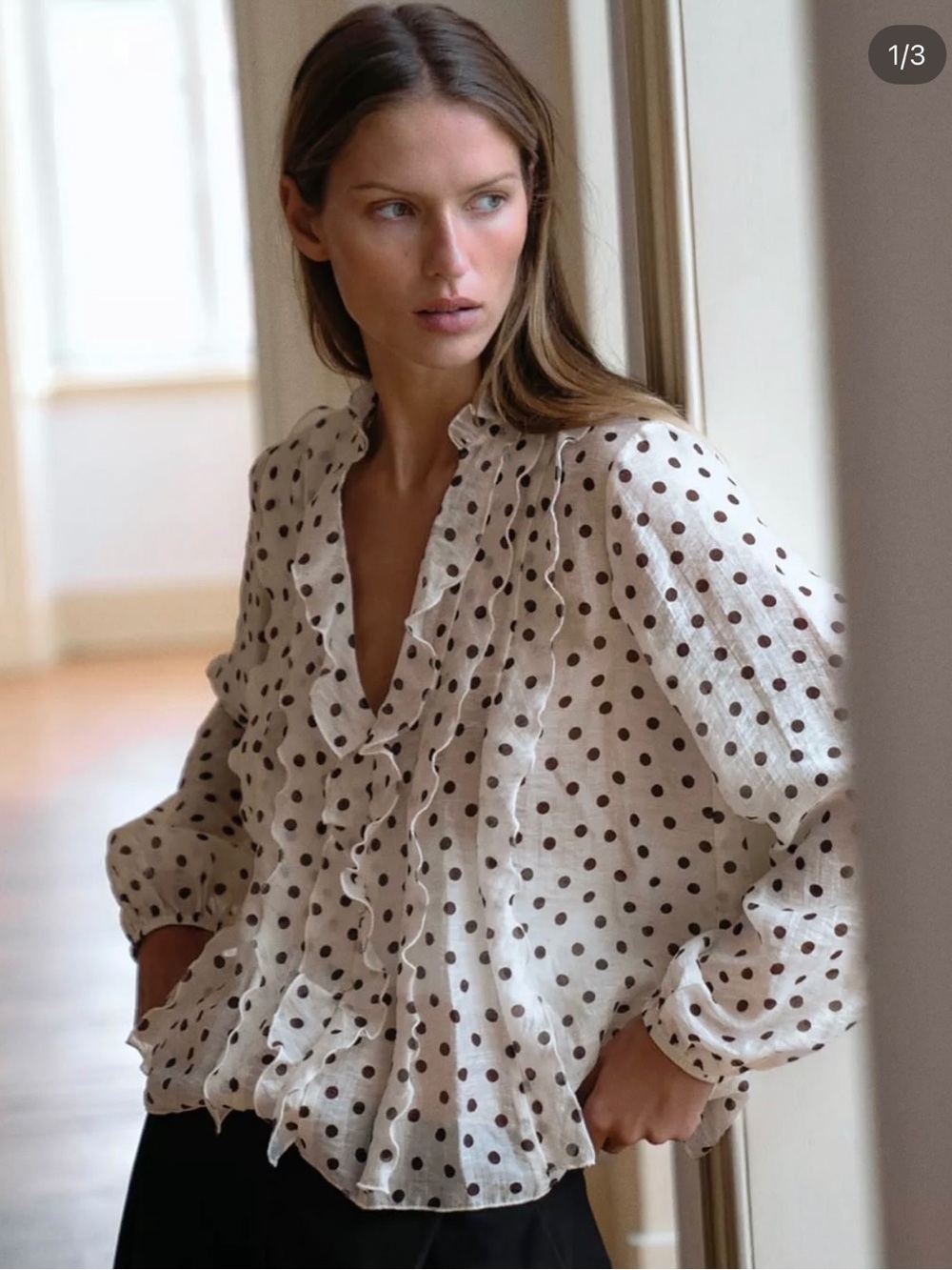 NWT Zara Ecru Brown Polka Dot Ruffles Romantic V Neck Long Sleeve Blouse $45.90